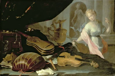 Natura morta di strumenti musicali, con figura femminile